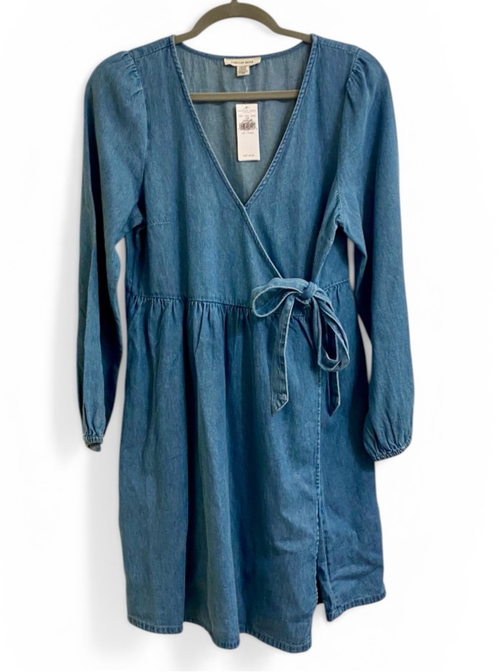 AMERICAN EAGLE DENIM WRAP DRESS LONG SLEEVE BLUE JEAN DRESS LARGE PETITE Y2K